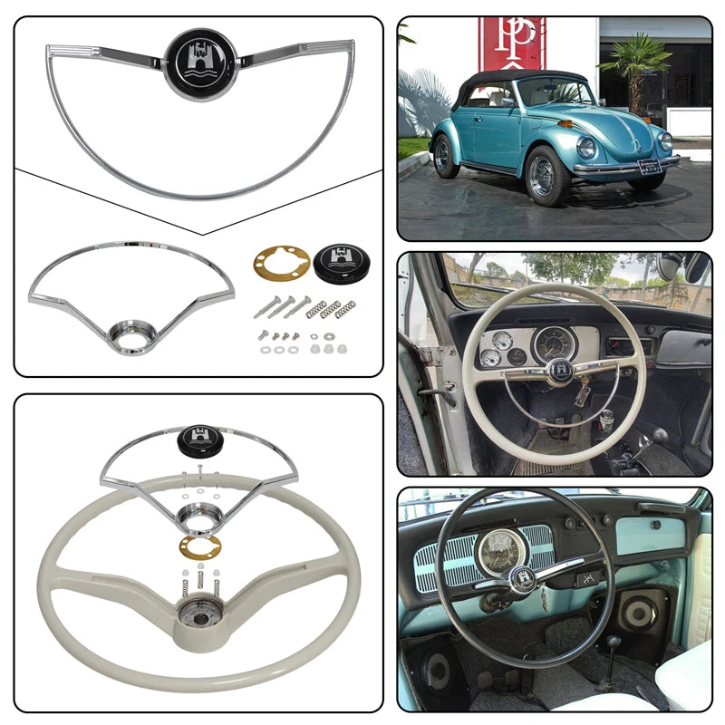 Steering Wheel with Chrome Ring &Horn Button Fits for Volkswagen Beetle 1962-1971